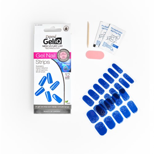 Gelnagelstrips in blauw, met gereedschap en zelfklevende pads voor applicatie. Pack van 24 strips met 12 dagen draagbaarheid.