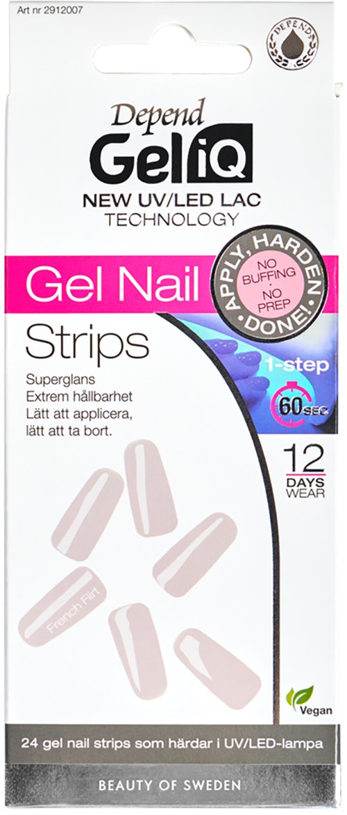 Gel nail strips for easy, long-lasting nail decoration. Vegan, quick to apply, 12 days wear, 24 strips.
