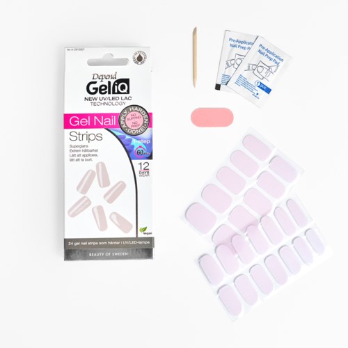 Nail gel strips, small pink and white pieces, with application tools and instructions, are arranged on a white background.