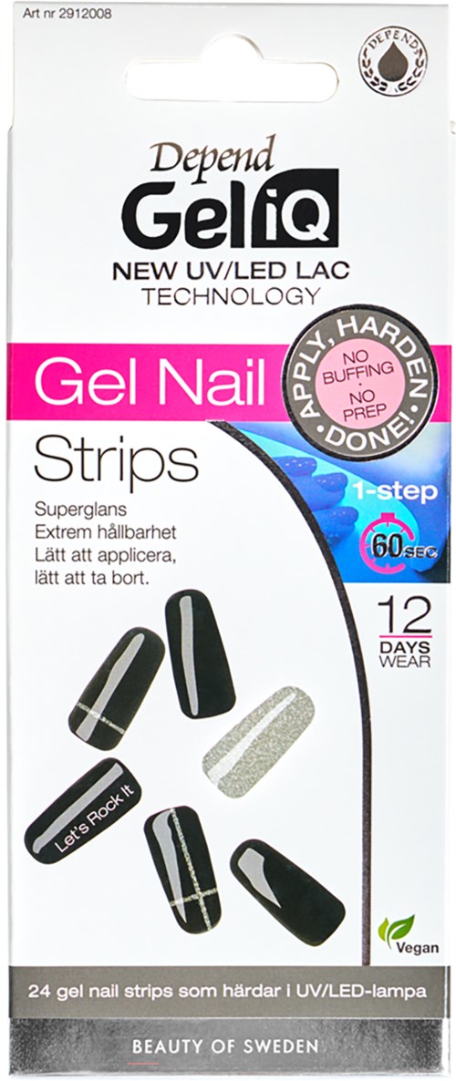 Verpakking van 24 gelnagelstrips in zwart en zilver, 12 dagen draagbaarheid, gemakkelijk aan te brengen en te verwijderen, veganistisch, gemaakt in Zweden.