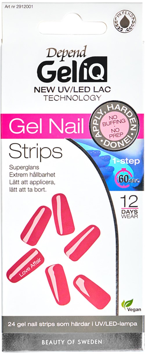 Roze en witte doos met gelnagellakstrips, 12 strips, blijven 12 dagen zitten, vegan.