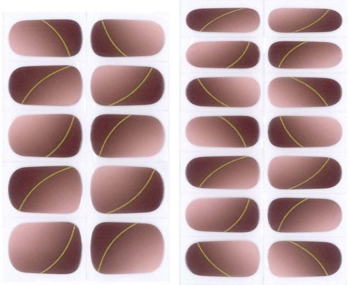 Nail polish samples in pink and brown shades with yellow lines on each nail.