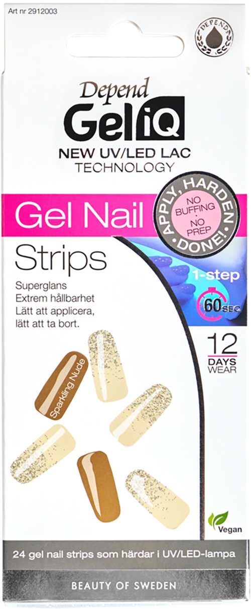 Gel nail strips for quick, easy, long-lasting nail decoration, vegan, 12 days wear, 24 strips, no glue needed.