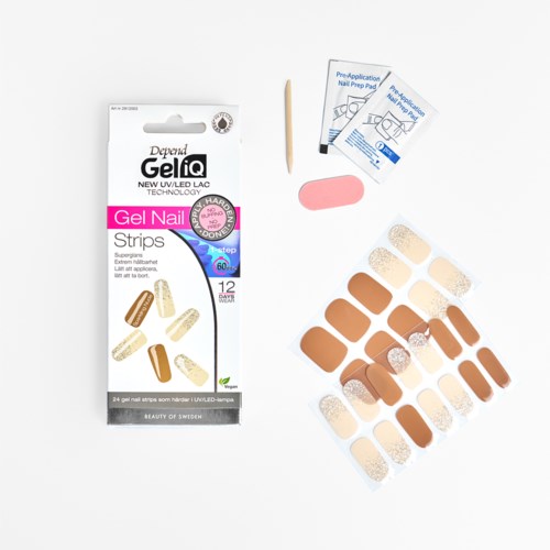Nail gel strips, small tools, and nail prep pads for manicure. The strips have various designs in beige, brown, and glitter.