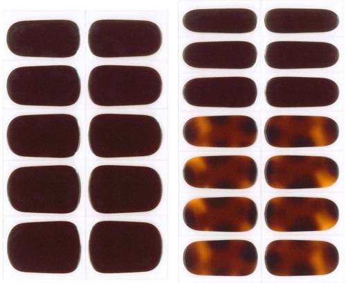 Two rows of dark brown to tortoise shell colored nail polish samples, showing different patterns and shades.