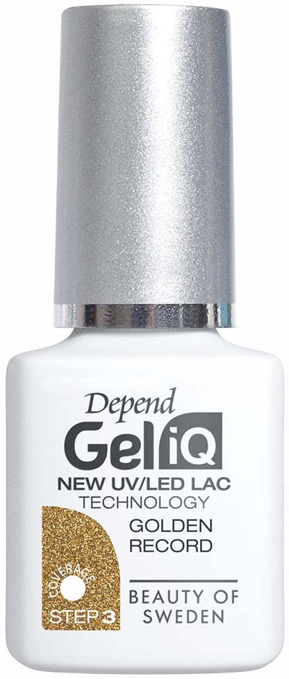 En vit flaska med gelnagellack med silverlock, märkt 'Depend GellyQ' och nämner UV/LED-teknologi och 'Golden Record.'