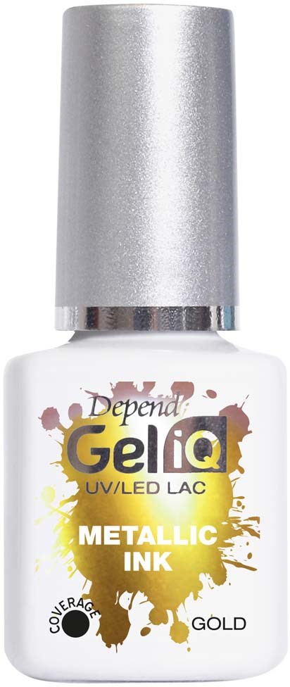 A small white bottle with a silver cap, labeled 'Depend Gel IQ Metallic Ink Gold,' for nail polish or ink.