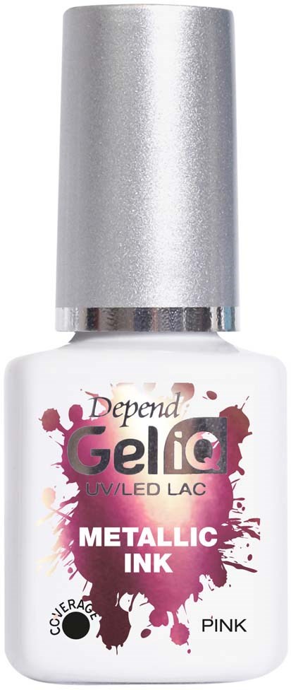 A white bottle with a silver cap and pink, black, and purple colors on the label for gel nail polish.