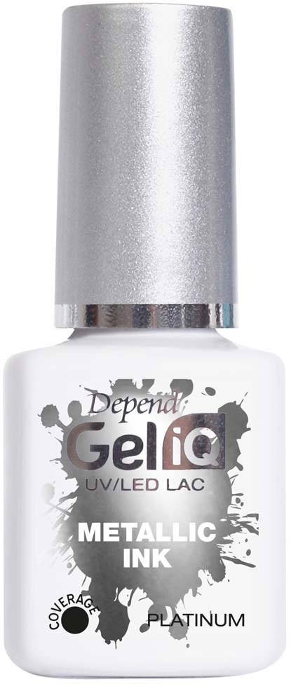 Silver cap, white bottle with black and silver text, brand name Depends Gelish, metallic ink, platinum, for nails.