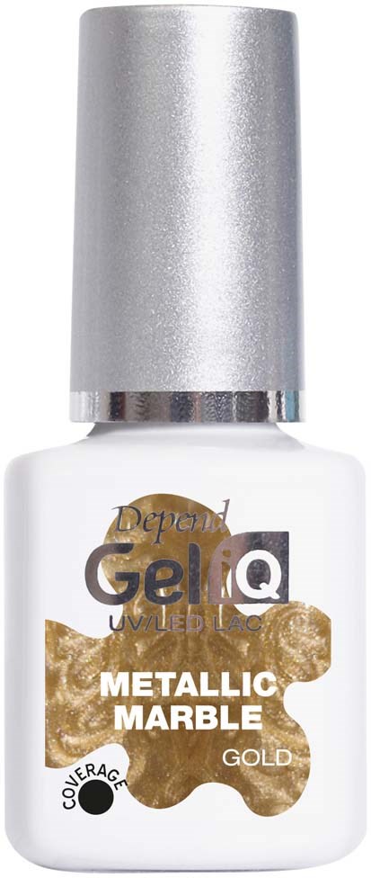 En flaske med gelneglett polish merket 'Metallic Marble Gold' med sølvhette og gullmarmorering.