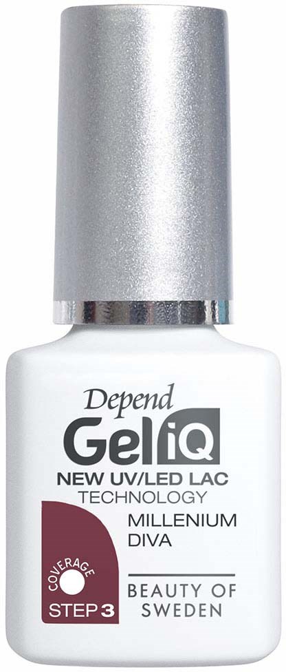 Witte nagellakfles met zilveren dop, gelabeld 'Depend GeliQ' en 'Beauty of Sweden'.