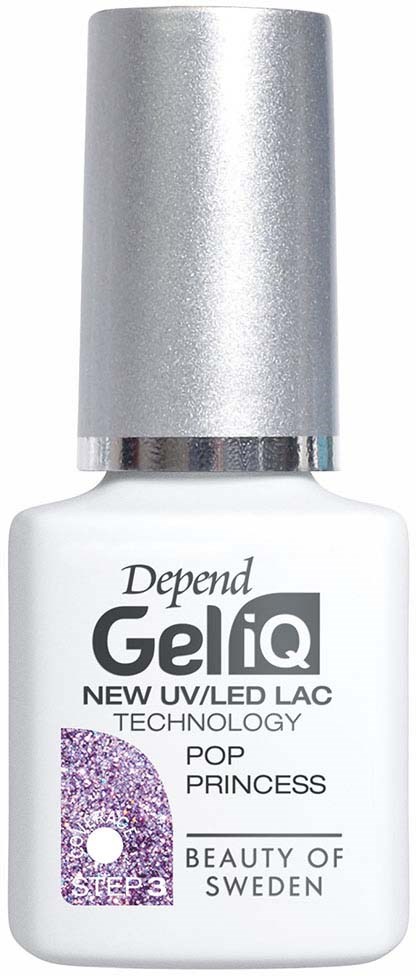 Witte nagellakfles met zilveren dop, labeled Depend Gel iQ, Pop Princess, Zweden.