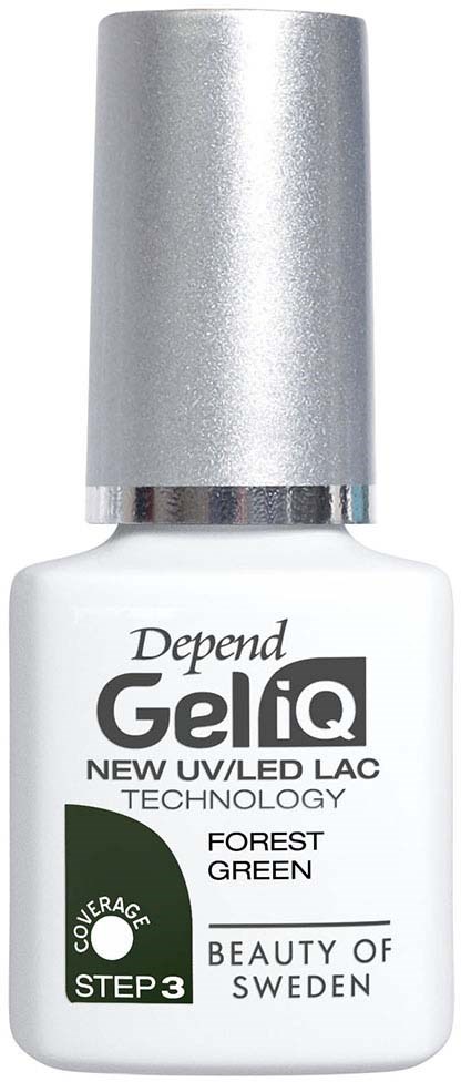 Een witte fles met zilveren dop, merk Depend Gel iQ UV/LED nagellak in bosgroen.