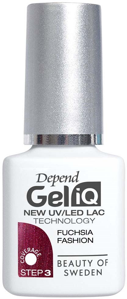 Een flesje Depend GelIQ nagellak met zilveren dop, gelabeld voor UV/LED-technologie en fuchsiakleur.