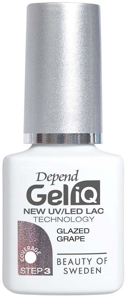 Kleine witte fles met een zilveren dop, gemarkeerd als Depend Gel iQ nagellak met UV/LED-technologie en druivensmaak.