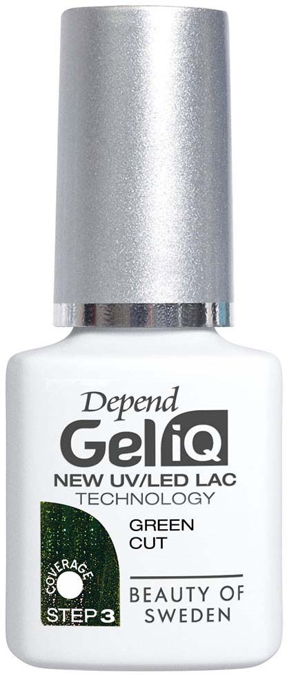 Een witte fles Depend Gel iQ nagellak met een zilveren dop, gemarkeerd als groene kleur, uit Zweden.