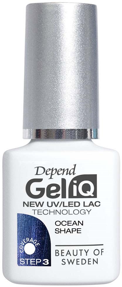 Een witte fles met een zilveren dop, gelabeld 'Depend Gel IQ' voor nagelkunst en UV/LED-licht uitharding.
