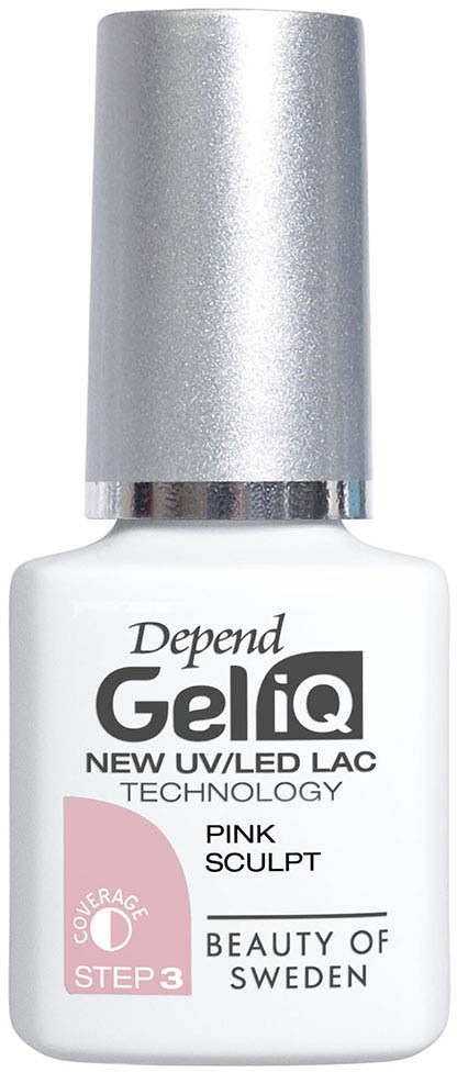 A white bottle of Depend Gel iQ nail polish with a silver cap, labeled for pink sculpting and nail care.