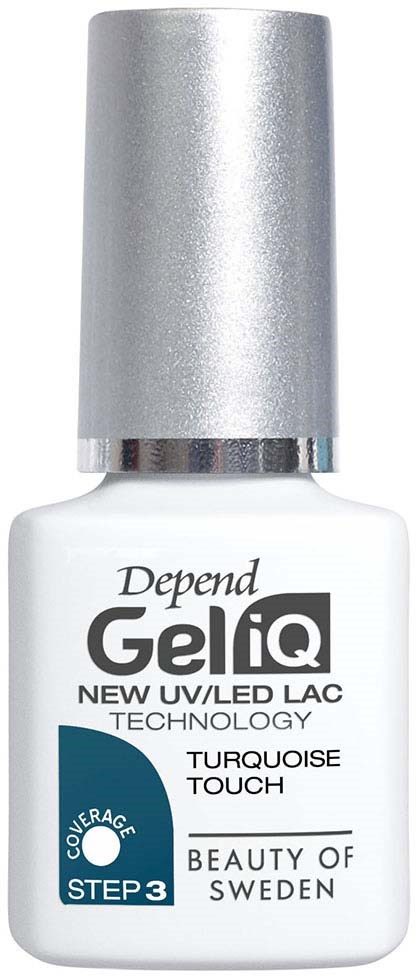 Een witte fles Depend GeliQ nagellak met zilveren dop, voorzien van productinformatie en technologie.