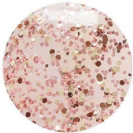 En rund glitteraktig gjenstand med rosa, beige og gull konfetti-lignende partikler spredt inni.