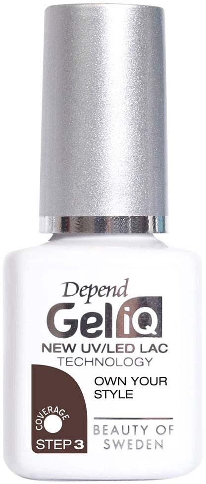 En hvit neglelakkflaske med sølvhette, merket "Depends GeliQ" og nevner UV LED-teknologi.