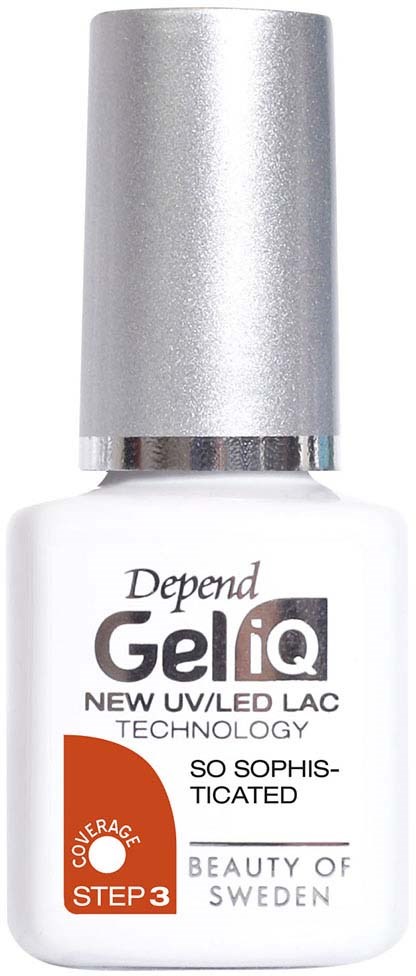 Een witte fles met zilveren dop, labeled met "Gel iQ," die UV/LED nagellamptechnologie aangeeft, en gemarkeerd als stap 3.