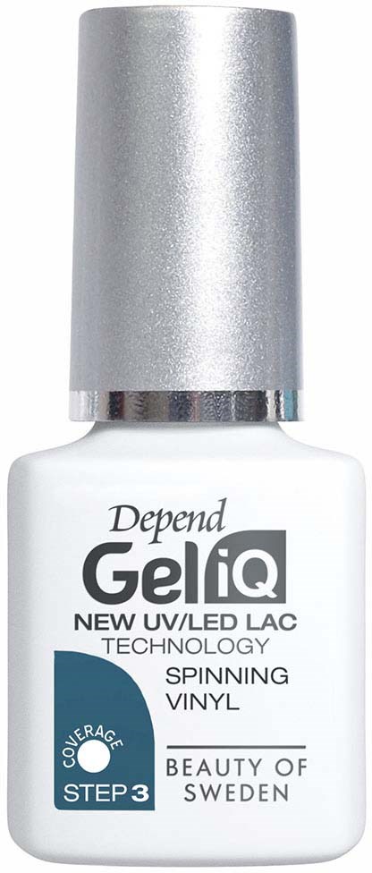 Een witte nagellakfles met een zilveren dop, gelabeld 'GeliQ' en 'NEW UV/LED LAC'.