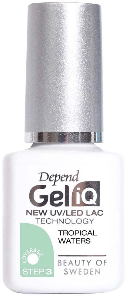 En flaska Depend GellQ nagellack med silverkork, märkt som tropical waters, UV/LED-teknik, av Beauty of Sweden.