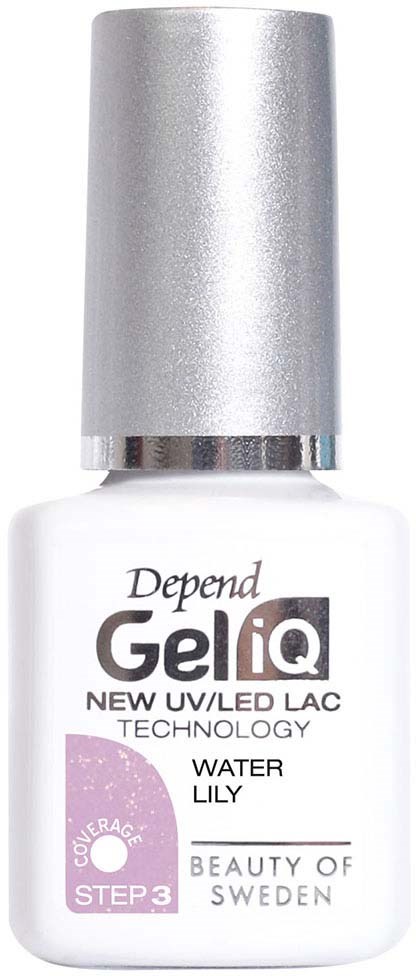 En vit flaska med en silverfärgad topp, märkt 'Depend GeliQ Water Lily' för nagelteknologi, steg 3.