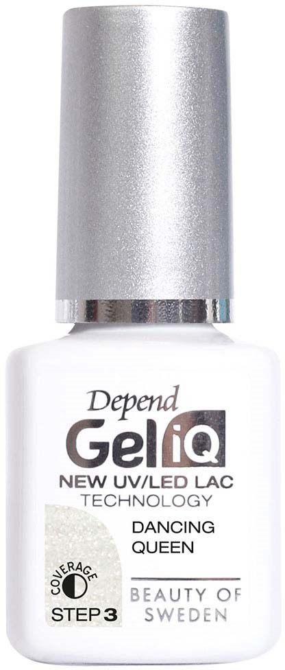 A small white bottle with a silver cap, labeled as Depend GeliQ nail polish, with details about UV/LED technology.