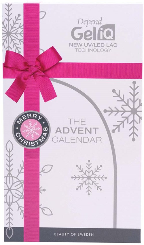 En julekalender med sneskydning, et pink bånd og bue, og tekst om GelQ LED-teknologi og jul.
