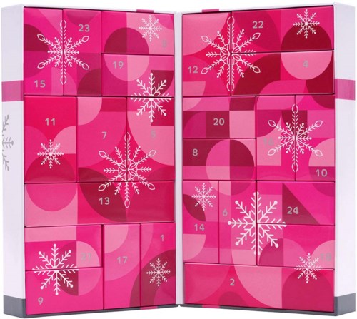 Lyserød og hvid adventskalender med nummererede porte og snefnug.