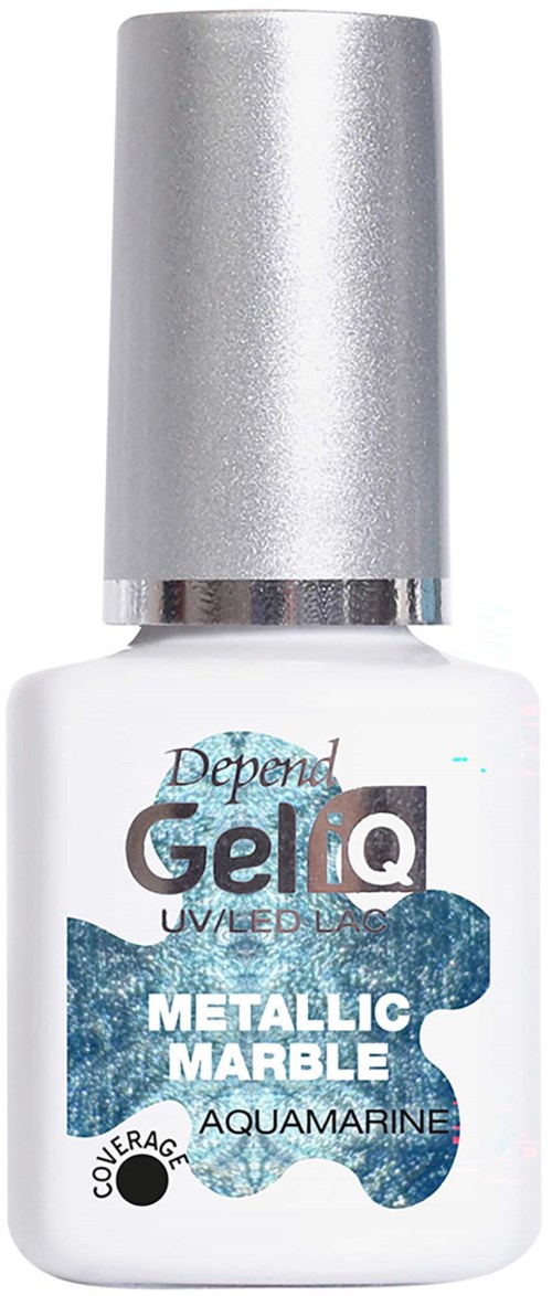 Hvit neglelakkflaske med sølvhette. Inneholder Depend GellQ Metallic Marble neglelakk i akvamarinfarge.