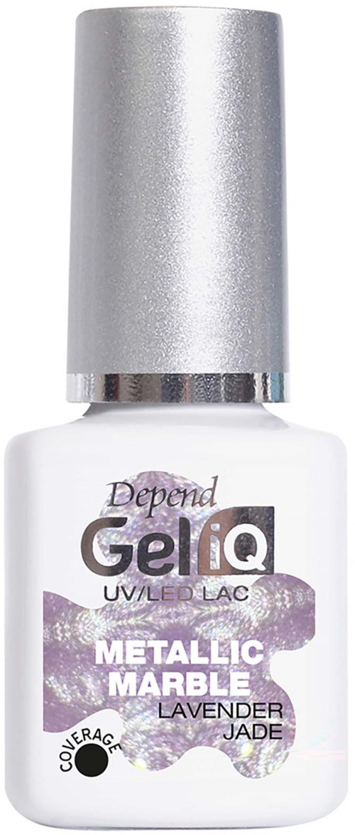 Dette er en flaske med gelnagellakk med sølvhette, lavendelmarmor design og tekst om farge og dekkevne.