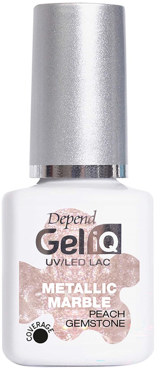 Flasken viser Depend Gel iQ neglelakk i metallic marble peach gemstone farge.