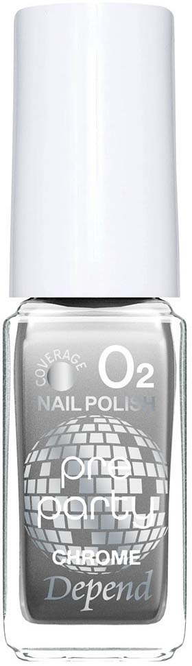 Grå neglelakkflaske med hvithette, merket 'O2 Nail Polish' og 'Depend Chrome' og 'pnc party'.