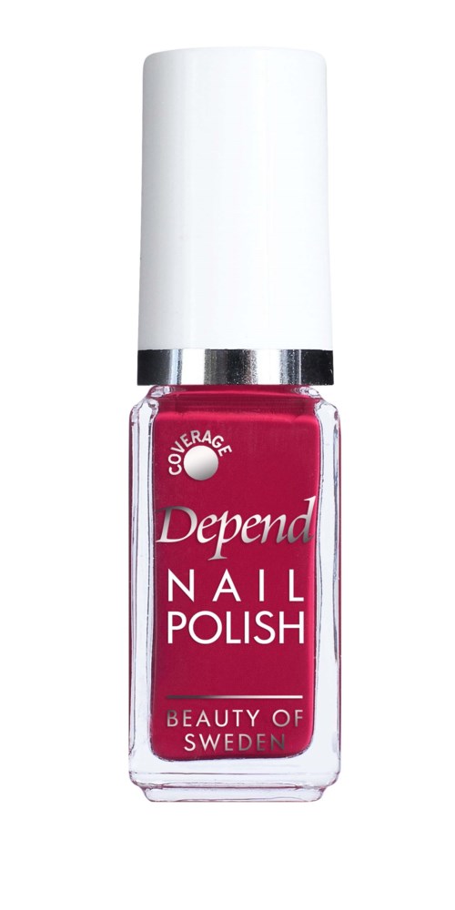Een flesje roze nagellak met een witte dop en zilveren band, gemerkt 'Depend Nail Polish' uit Zweden.