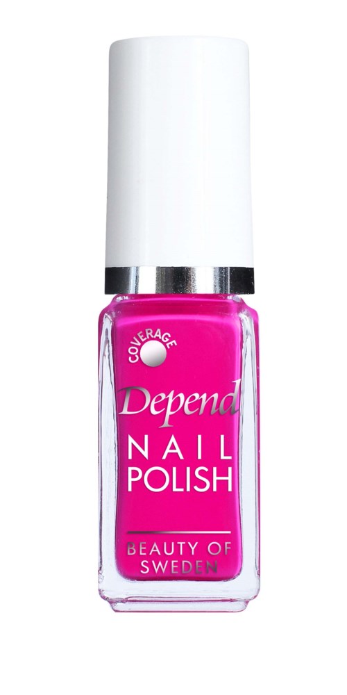 Roze nagellakfles met witte dop, gemarkeerd 'Depend' en 'Beauty of Sweden.'