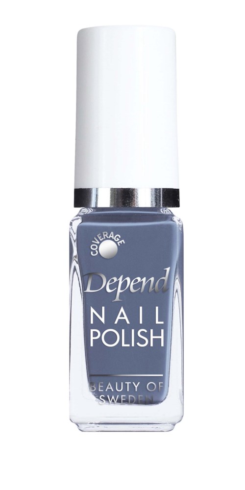 Een flesje grijze nagellak met een witte dop. Het label zegt 'Depend Nail Polish'.