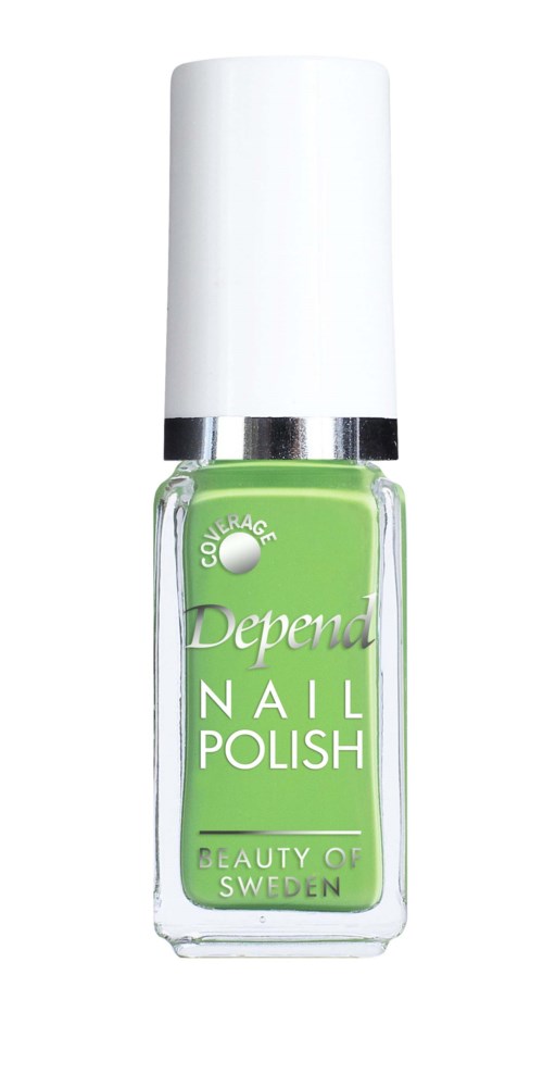 Groene nagellakfles met witte dop en tekst, bevat merk Depend en noemde Zweden.
