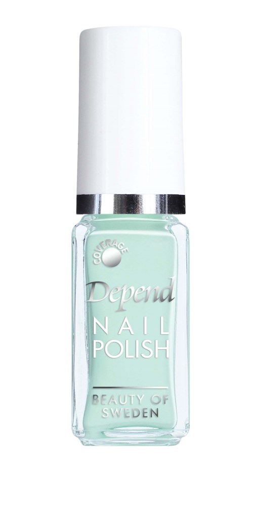 Een flesje Depend nagellak, lichtgroene kleur, met witte dop en zilveren band. Tekst zegt "Depend Nail Polish".
