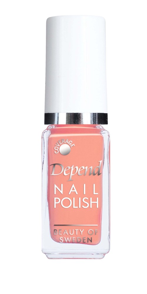 Een roze nagellakfles met witte dop en zilveren band, gelabeld 'Depend Nail Polish' van Beauty of Sweden.