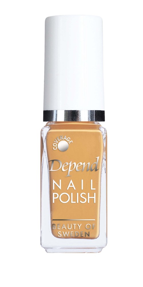 Een flesje beige nagellak van Depend met witte dop en zilveren band, geschikt voor 3 dagen.