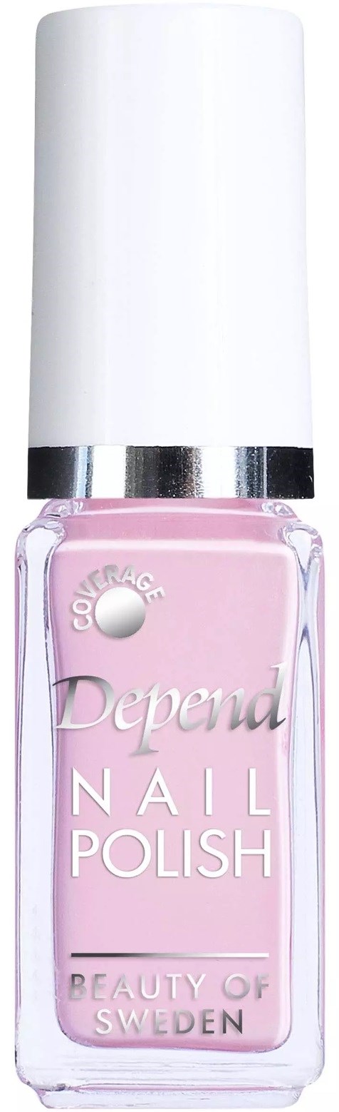 Różowa butelka lakieru do paznokci Depend z białym korkiem i srebrną taśmą, oznaczona 'Nail Polish' z Szwecji.