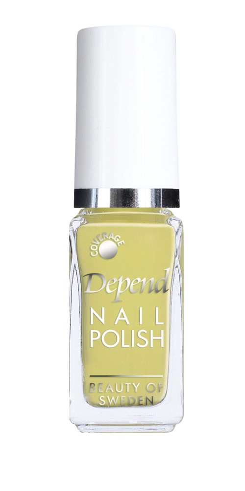 Een klein flesje Depend nagellak in lichtgeel, met witte dop en zilveren band.