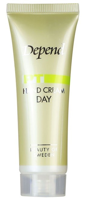 En grønn og hvit tube merket Depend Hand Cream Day, for hudpleie. Logo og tekst som viser merke og formål.