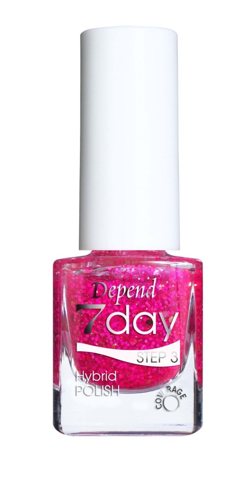 Rosa nagellack med vit text, flaska och vit cap, märkt 'Depend 7 day'.