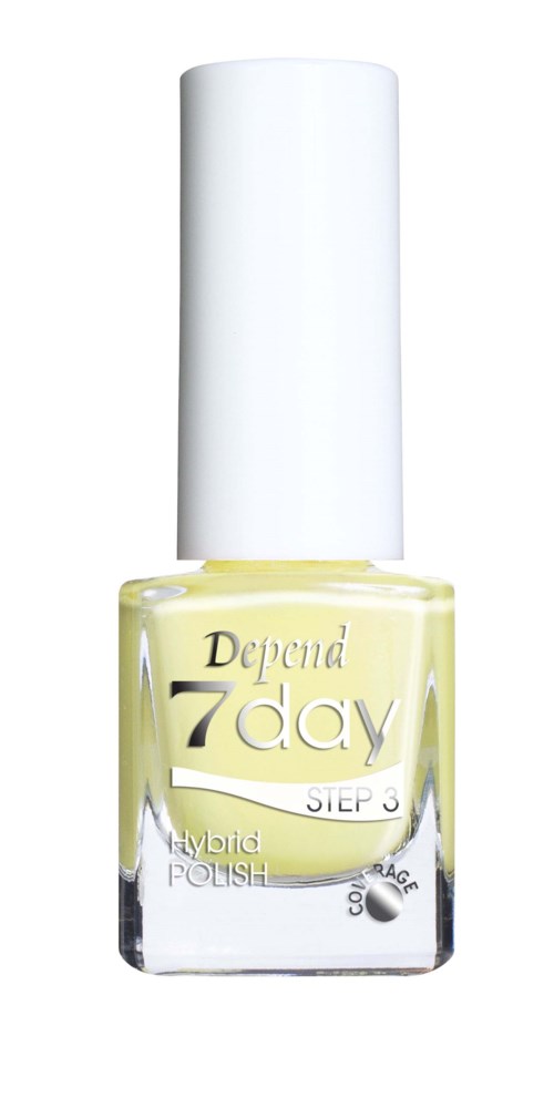 En gul flaska med Depend 7 Day Hybrid Polish med vitt lock. Det står Steg 3 på etiketten.