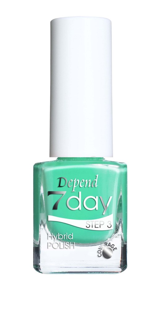 En flaska Depend 7 Day hybrid nagellack med vit topp och turkos vätska inuti.