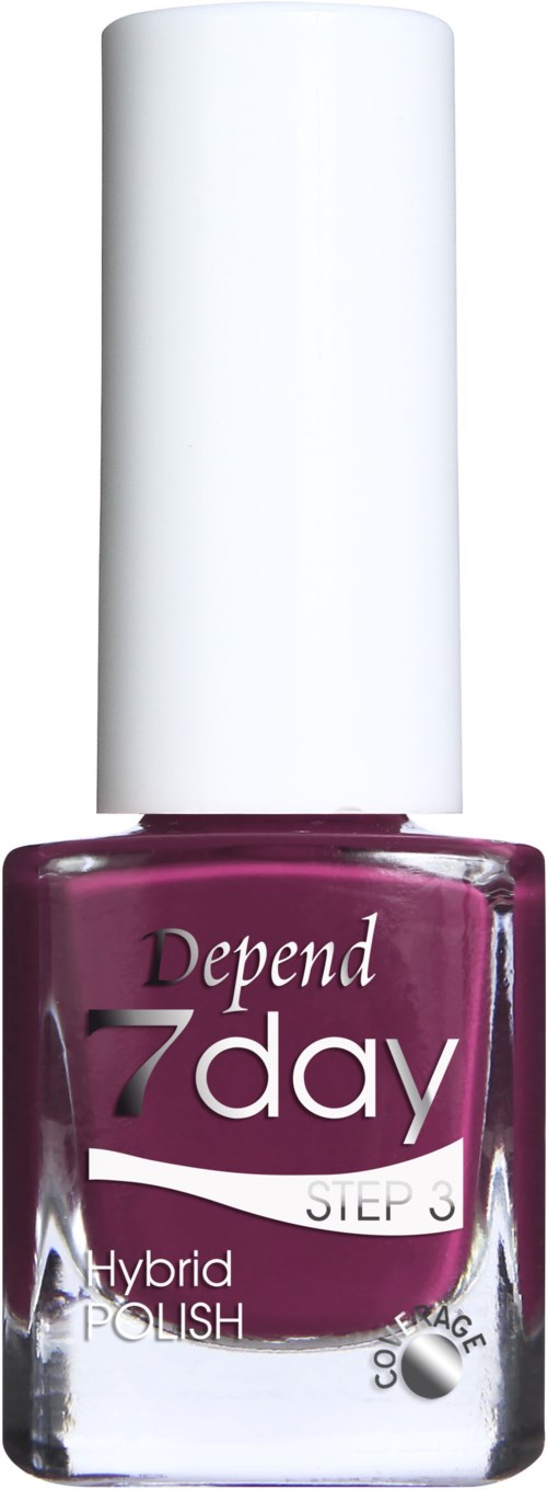 En flaska Depend 7 Day Hybrid Polish med vit kork och lila nagellack.
